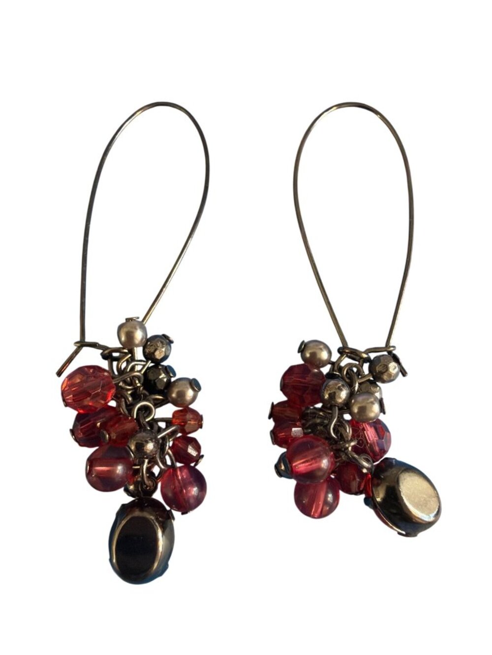 Beaded Dangle Earrings Red Gunmetal Beads Large Kidney Wires 3"